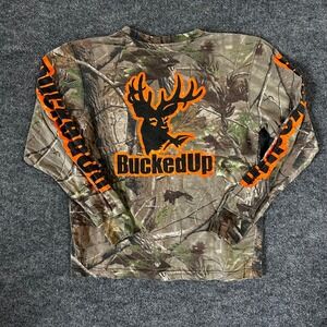 BuckedUp Shirt Mens Size S Camo Long Sleeve Orange Logo Realtree Hunting Graphic